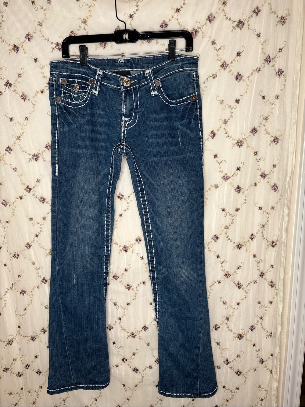 True Religion Women's Dark Blue Flared Jeans with Contrast Stitching